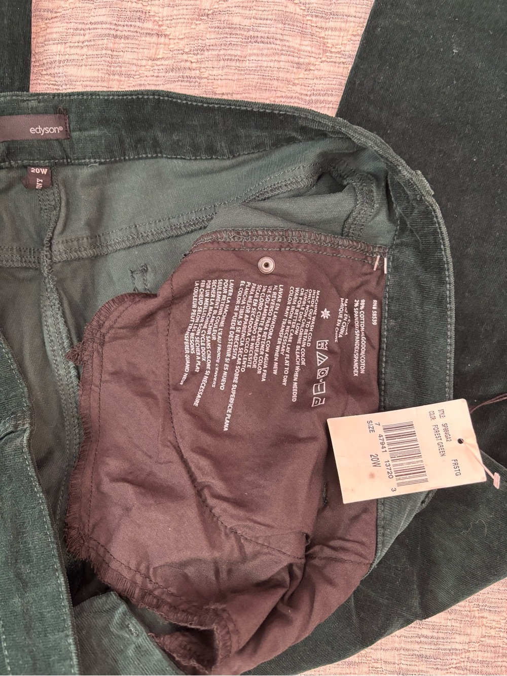 Edyson Hampton Skinny Corduroy Jeans In Forest Green Sz 20W NWT - - Picture 3 of 8